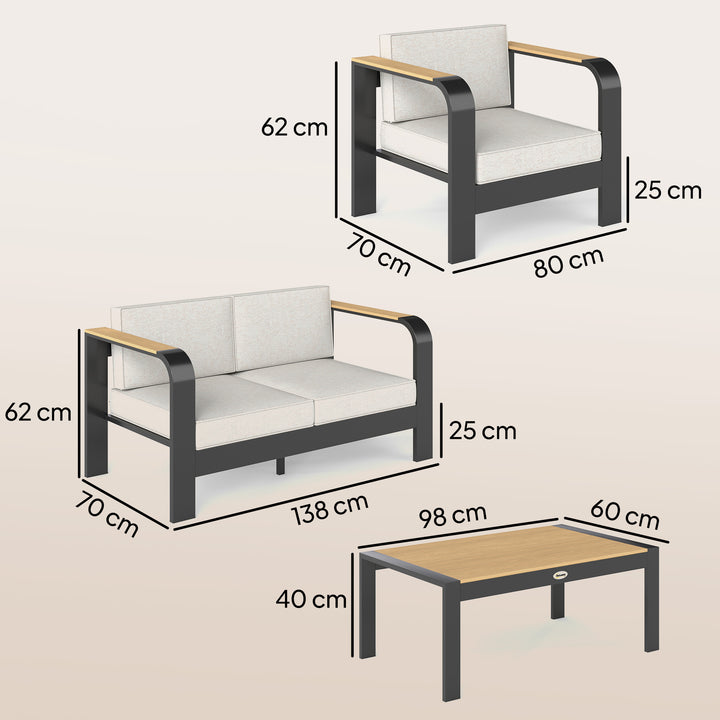 Havemøbelsæt, ekstra dybe sæder, med 2-personers sofa, 2 lænestole, WPC lamelbord, aluminiumsstel, beige