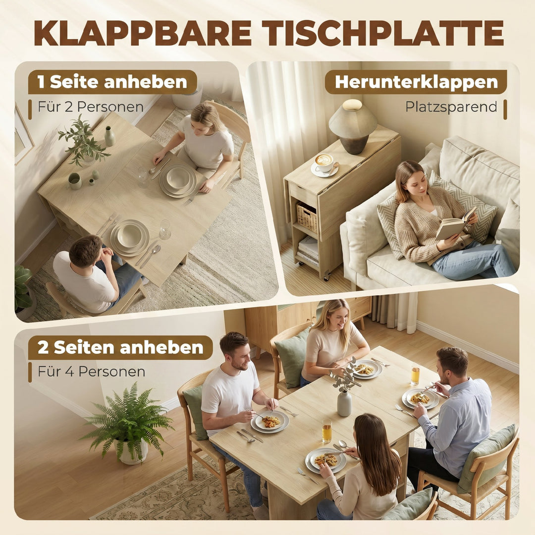 Sammenklappeligt spisebord til 2-4 personer, rullebord med åbent rum og skuffe, ideelt til små rum, naturfarvet