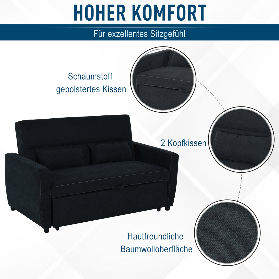 2-Personers sofa med sengefunktion, justerbar ryglæn, polstret sofa, fløjlslook, til stue, soveværelse, sort