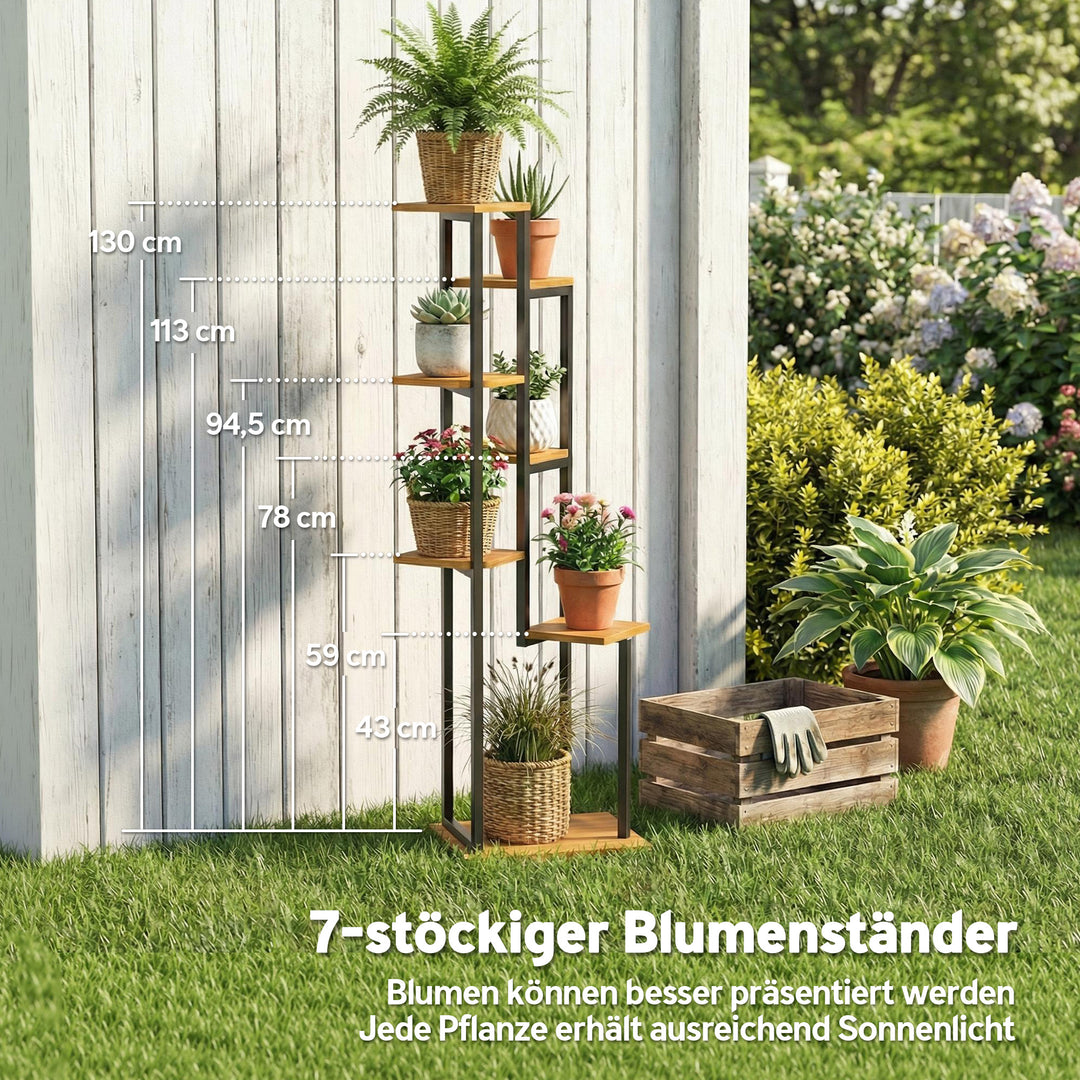 7-etagers plantestativ, 130 cm høj blomsterstativ, træhylde med flere niveauer, lysebrun