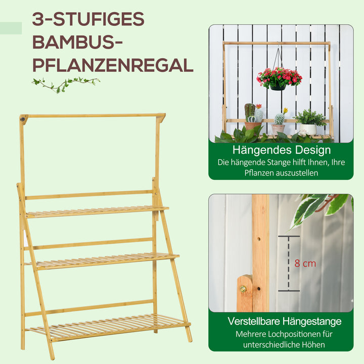 Træ blomstertrappe plantestativ stigehylde justerbar hængende højde blomsterstativ hængende bambus naturlig indendørs udendørs 100 x 40 x 143 cm