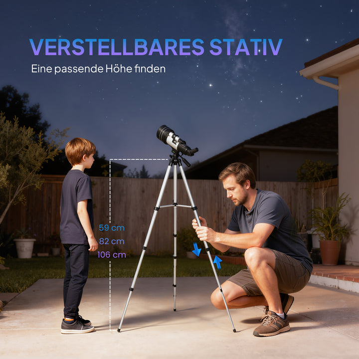 Teleskop, 70 mm linse, 5 x 24 kikkert, justerbart stativ, sølvfarvet