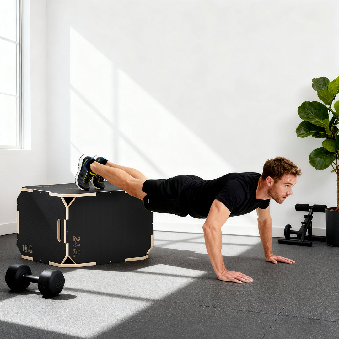 3-i-1 Plyo Box, hoppeboks med håndtagsåbninger, til hjemmefitness og udendørs træning, 3 hoppehøjder, træ, sort