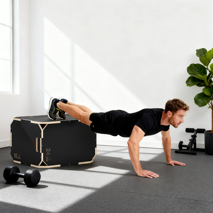 3-i-1 Plyo Box, hoppeboks med håndtagsåbninger, til hjemmefitness og udendørs træning, 3 hoppehøjder, træ, sort