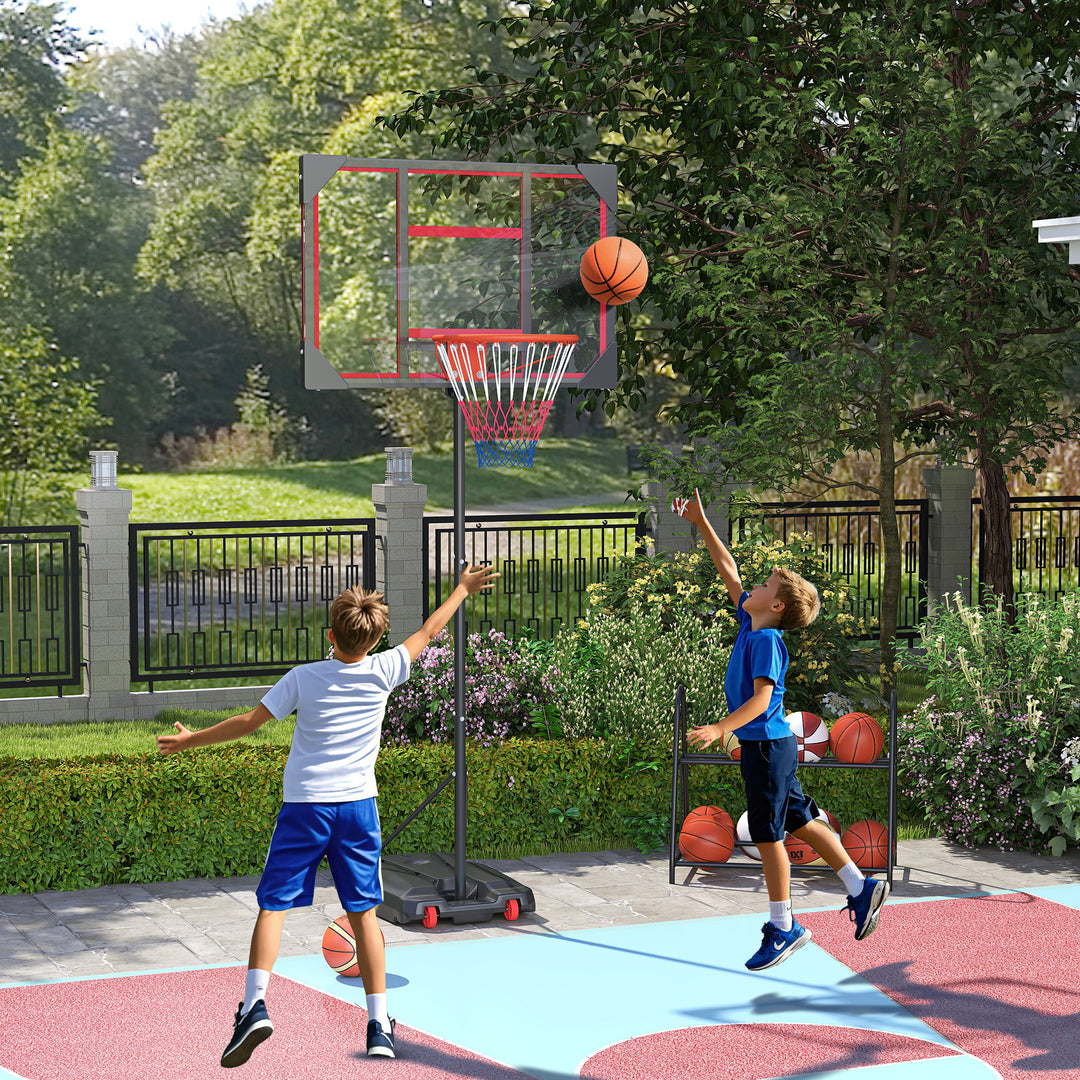 Børne basketballkurv, udendørs basketballkurv til børn, 210-260 cm højdejusterbar, med hjul, fra 6 år, rød
