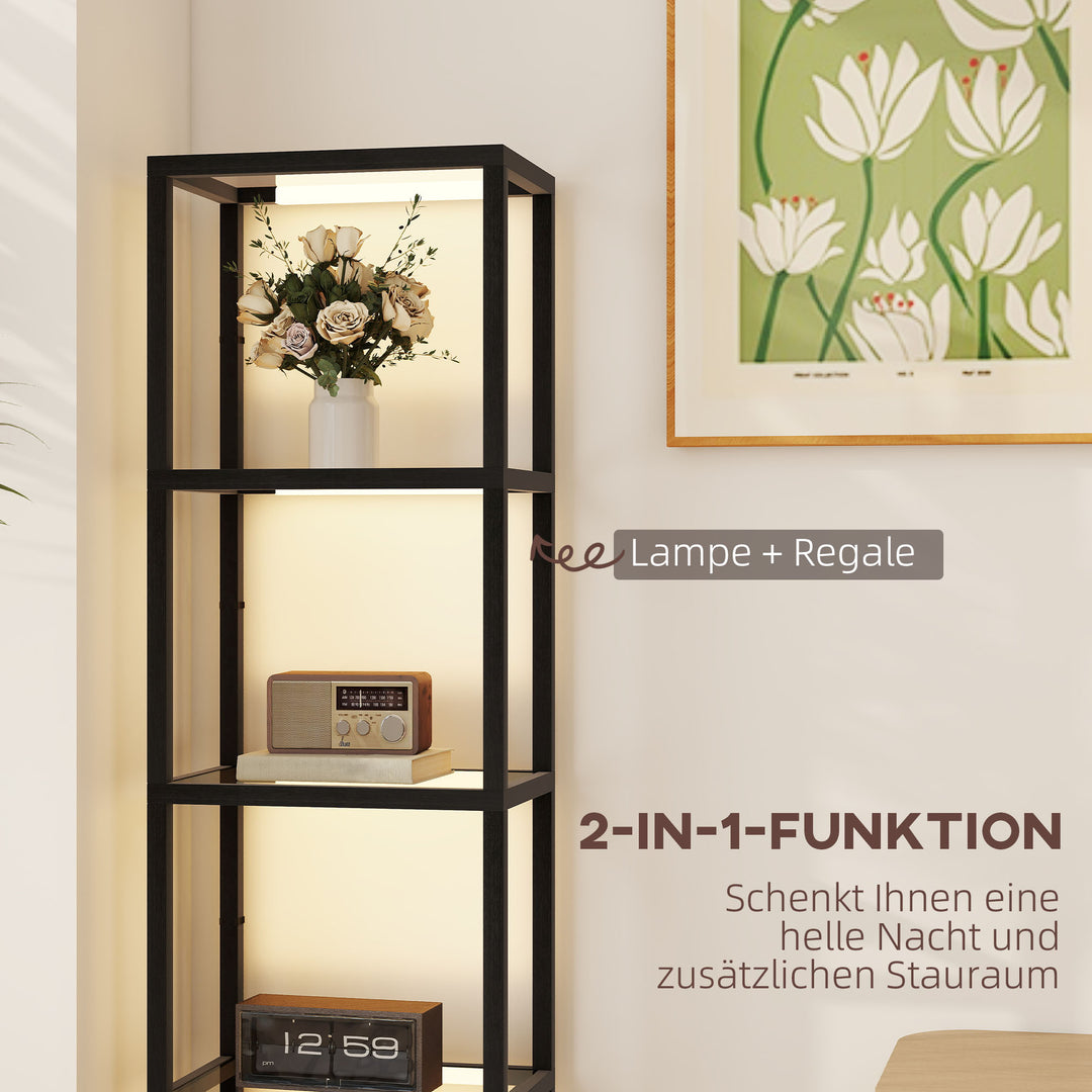 Led-gulvlampe med 4-lags hylde, oplyst hylde med 4 glasrum, fodkontakt, mdf, sort