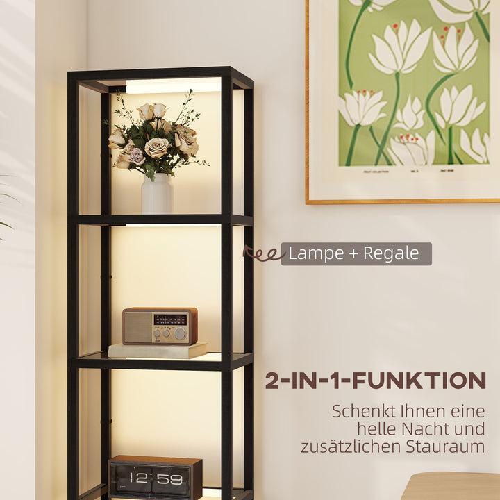 Led-gulvlampe med 4-lags hylde, oplyst hylde med 4 glasrum, fodkontakt, mdf, sort