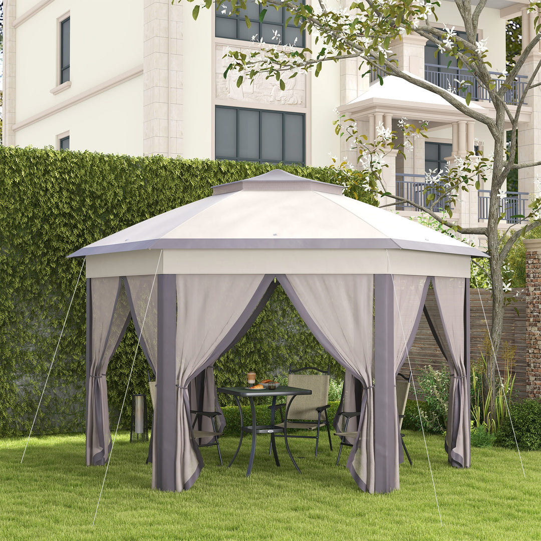 Havepavillon, foldbar pavillon, 4 x 4 m pop-up telt, partytelt inklusive bæretaske, 6 sidepaneler, dobbelt tag, sekskantet, beige