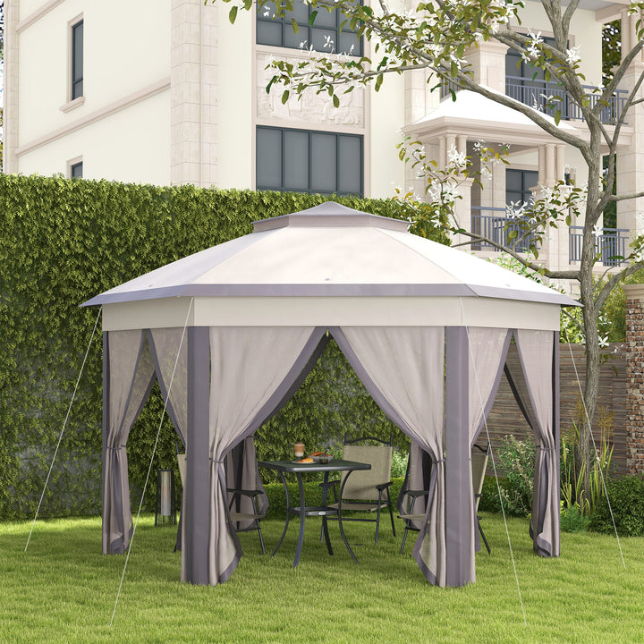 Havepavillon, foldbar pavillon, 4 x 4 m pop-up telt, partytelt inklusive bæretaske, 6 sidepaneler, dobbelt tag, sekskantet, beige