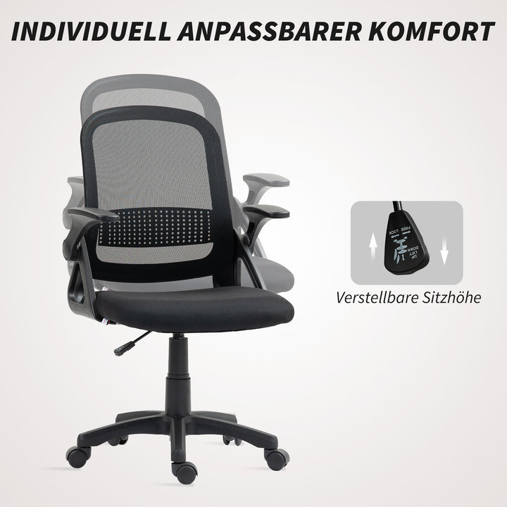 Åndbar netkontorstol, ergonomisk drejestol med foldbare armlæn og lændestøtte, sort