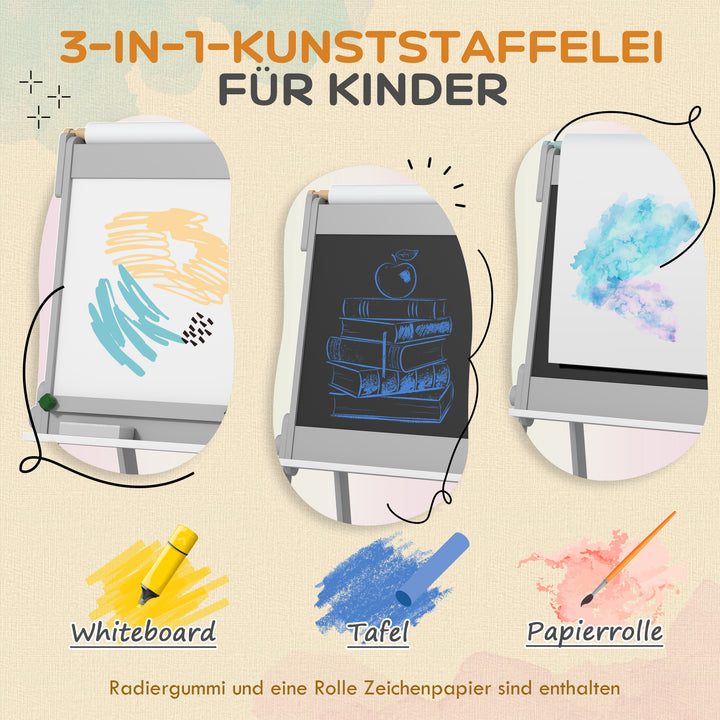 Dobbeltsidet børnestaffeli med papirrulle, tavle, whiteboard, 3-i-1-design, til tegning og maling
