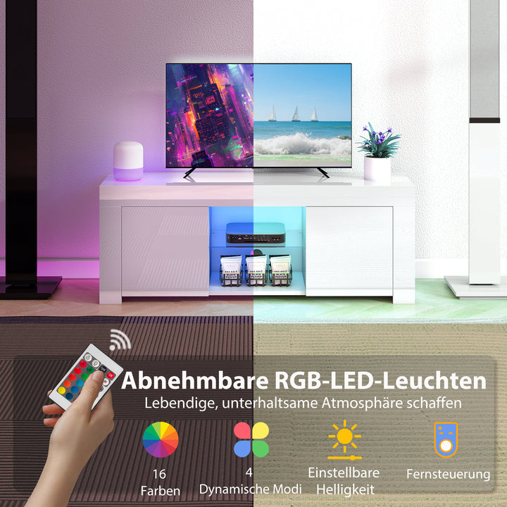 TV-skab med LED-belysning, 2 skabslåger, glashylde, kabelhuller, til stue, spånplade, hvid