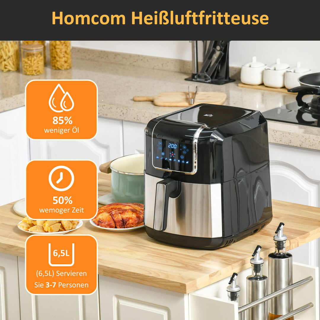 Varmluftfrituregryde 6,5 l 1700w med 8 menuer led-display non-stick kurv til sund oliefri fedtfattig madlavning sort 36,5 x 29 x 33,8 cm