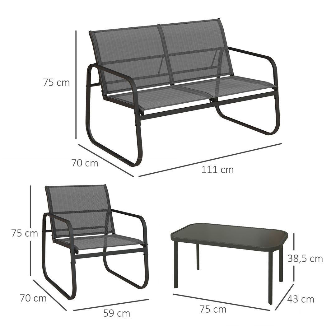 Havemøbelsæt med 4 dele, 2 lænestole, 2-personers sofa, glasbord, åndbart stof, metalstel, sort