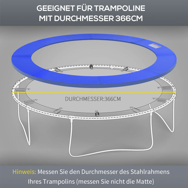 Trampolinkantbetræk Ø366 cm bredt, rivefast, UV-bestandigt fjederbetræk, vandafvisende, trampolintilbehør, kantbeskyttelse, sikkerhedsnet, reservedele til haventrampoliner, blå