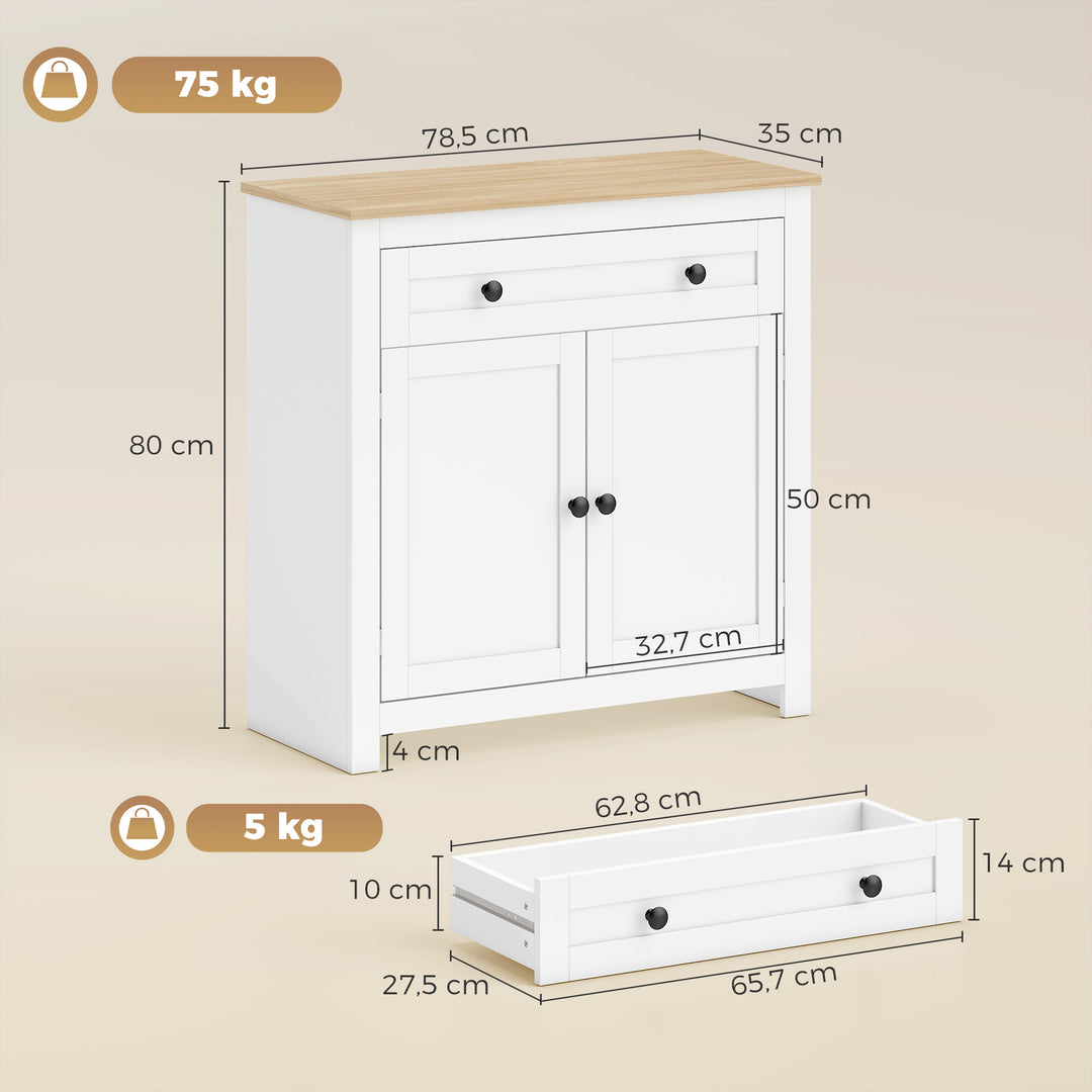 Køkkenskænk med skuffe, dobbeltdøre, justerbar hylde, til stue, 78,5 x 35 x 80 cm hvid