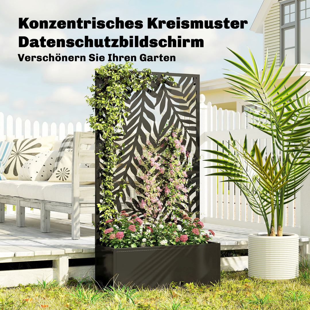 Blomsterkasse med afskærmning, plantekasse med espalier og tropiske bladmotiver, 61 x 23 x 113 cm, sort