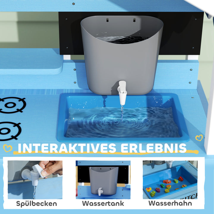Udendørs legekøkken til børn med soltag, køkkengrejsæt, massivt træ, blå