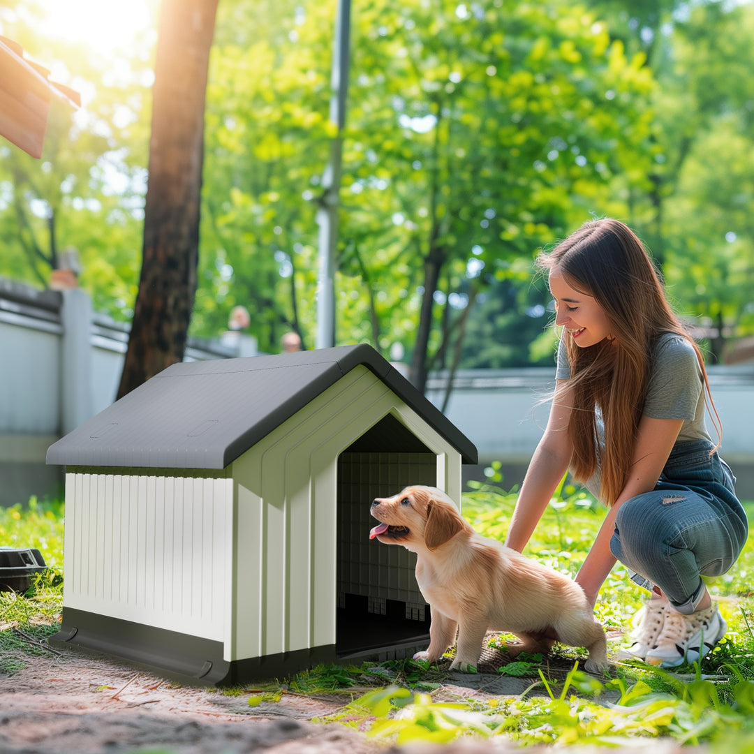 Hundehus, vejrbestandigt, vindue og dør, til små hunde op til 10 kg/40 cm længde, 62x61x60 cm, grå/hvid