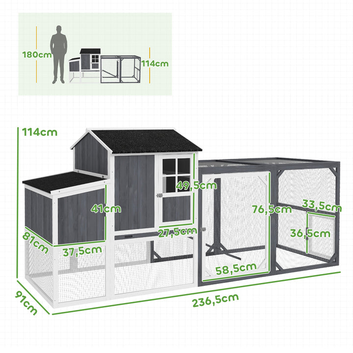 Hønsehus med løbegård til 3-4 kyllinger, 3-delt redekasse, 1,9 m² areal, fyrretræ, grå