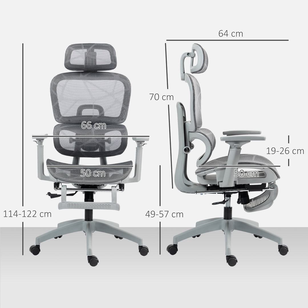 Kontorstol, ergonomisk skrivebordsstol med betræk af netstof, justerbar, mobil, med armlæn og nakkestøtte, grå