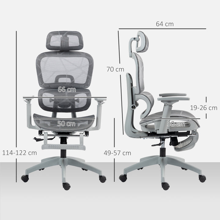 Kontorstol, ergonomisk skrivebordsstol med betræk af netstof, justerbar, mobil, med armlæn og nakkestøtte, grå