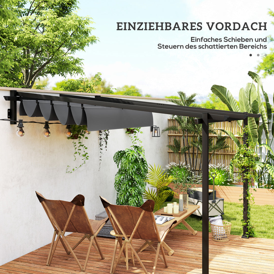 Pavillon, 3 x 3 m pergola, vindtæt terrassetag, vægmonteret, justerbart tag, til have, terrasse, mørkegrå