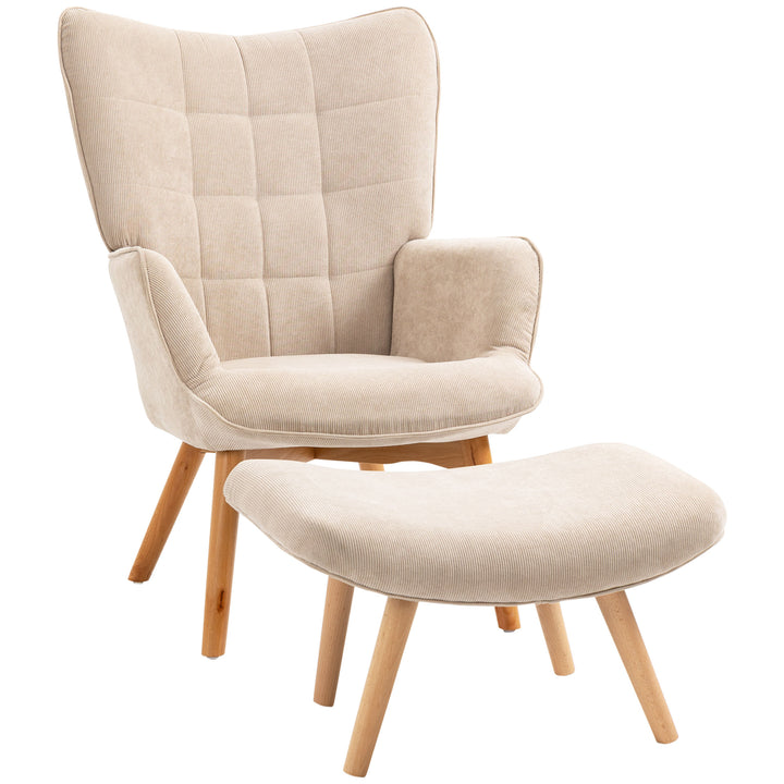 Accentstol med skammel, fløjlsbøjle lænestol, lænestol med træben, til stue, beige