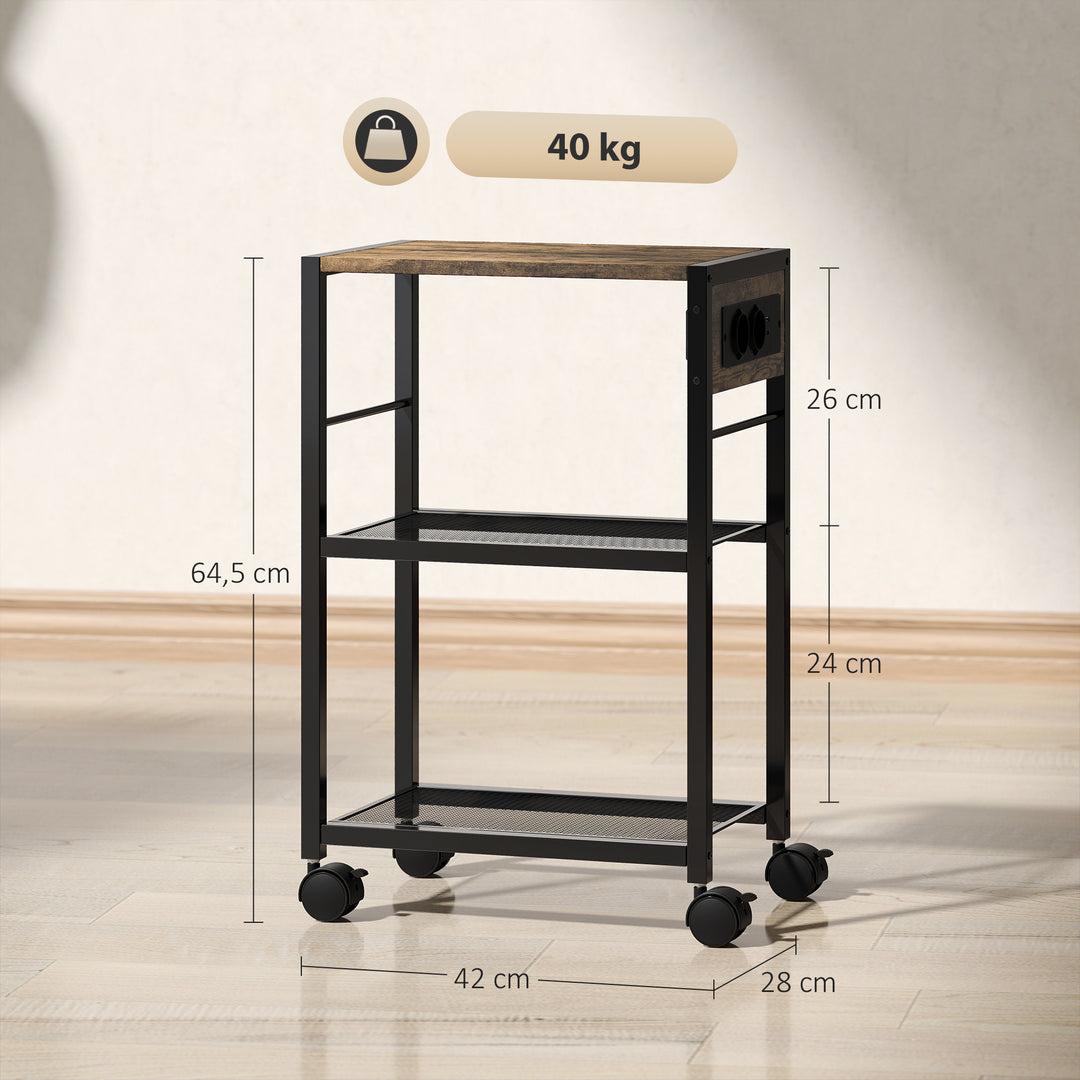 Printerstativ/printerhylde med hjul, stikkontakter, USB- og USB-C-porte, op til 40 kg, rustik brun