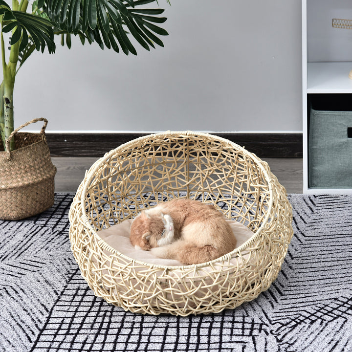 Rattan kattehule, katteseng, kattehus med hynde, kattetelt, kæledyrshus til katte og hunde, beige, Ø56 x 35 cm