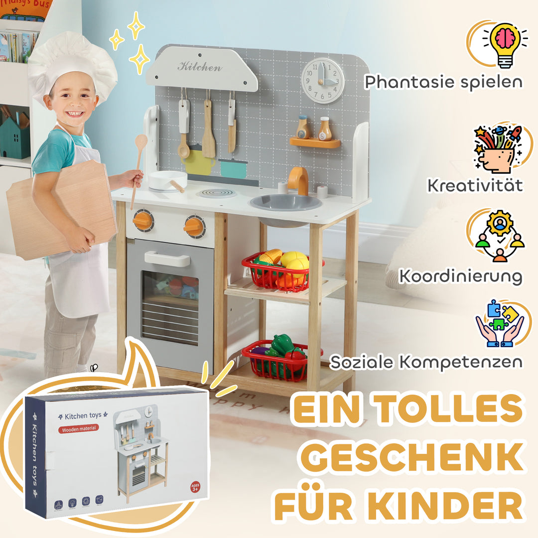 Legekøkken med tilbehør, komfur og ovn, vask, ur, hylder, til 3-6 år, grå