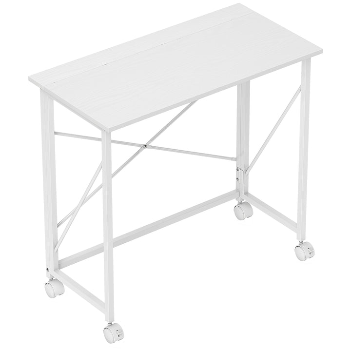 Skrivebord med hjul, foldbart kontorbord med stålramme til arbejdsværelse/soveværelse, 80 x 40 x 75 cm, hvid