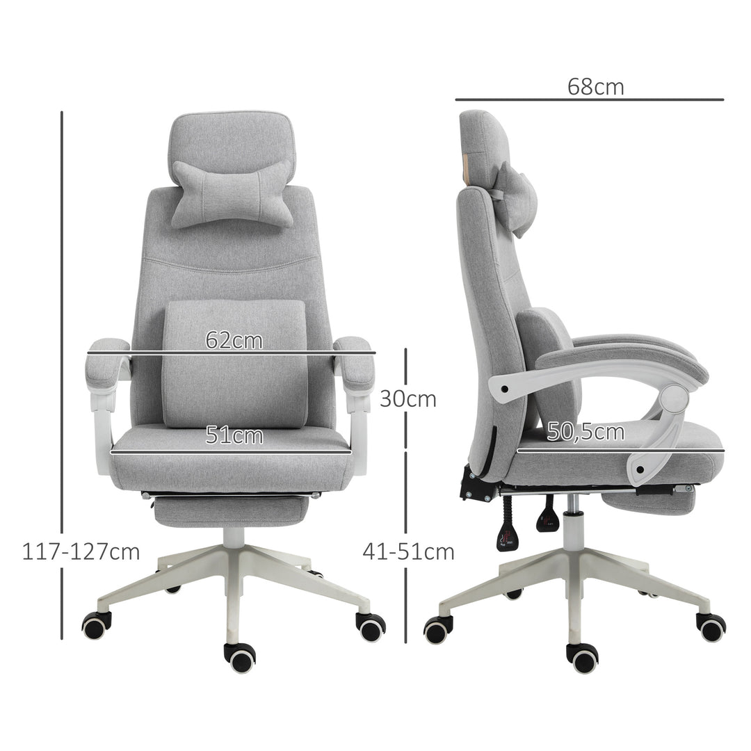 Kontorstol, ergonomisk skrivebordsstol med nakkestøtte, lændehynde, højdejusterbar gamingstol med fodstøtte, høj ryglæn, grå 62 x 68 x 117-127 cm