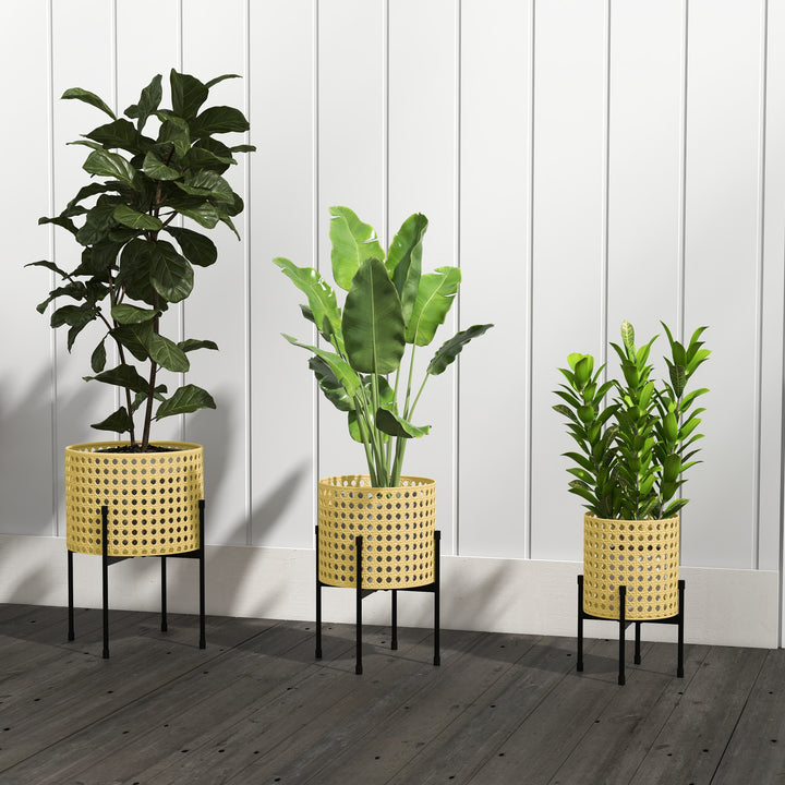 Blomsterstander, sæt med 3, rustfri metalramme, indendørs og udendørs, sort/guld