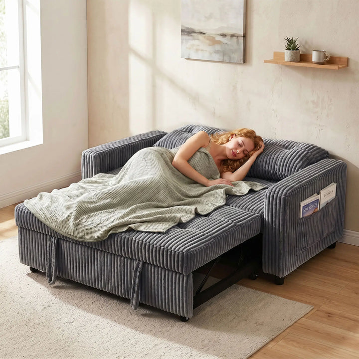 2-personers sovesofa i fløjl, omdannes nemt til seng, inkl. 2 puder og sidelommer, 157 x 190 cm, mørkegrå