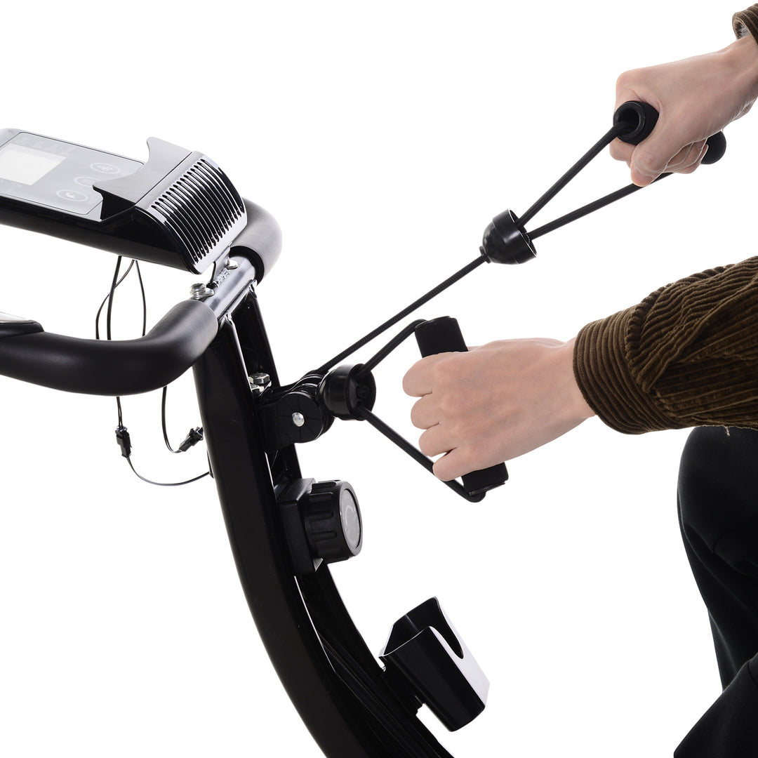 X-bike 2-i-1 motionscykel med lcd-skærm, pulsmåler, foldbar motionscykel med 8 niveauer af magnetisk modstand, 1 par spændereb, stål, sort, 105 x 48 x 118 cm