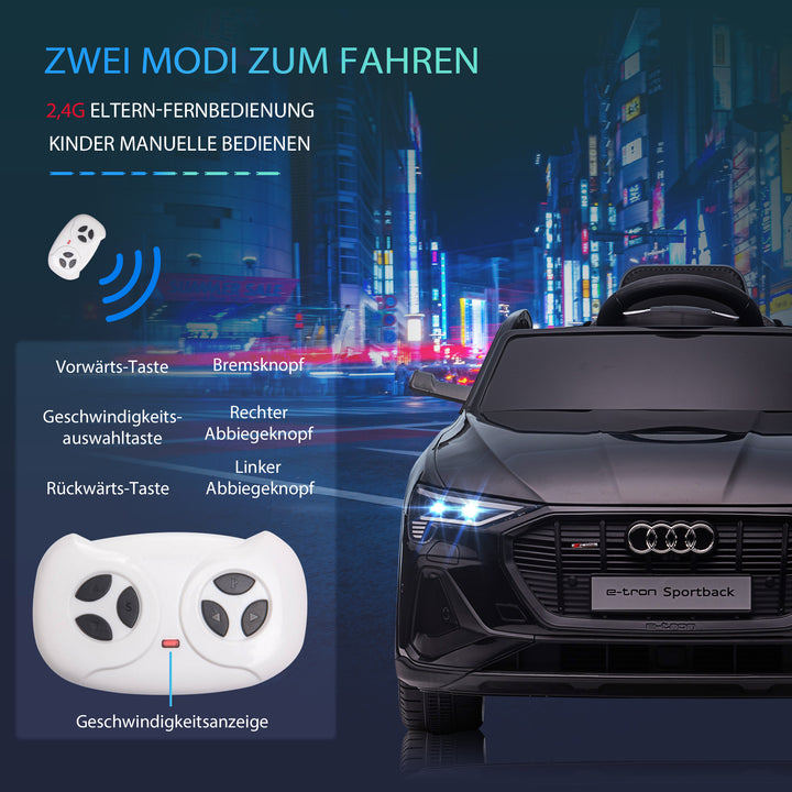 Elektrisk børnebil 12V elbil Audi E-tron elbil med fjernbetjening, sikkerhedssele, musik (MP3/USB/TF), børnebil til børn 3-5 år, 3-5 km/t, sort