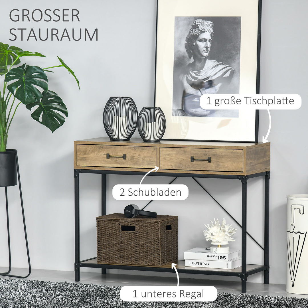Konsolbord entrebord med hylde og 2 skuffer, 100 x 35 x 76,5 cm sidebord sofabord udstillingsbord til lille rum, entré, entre, stue brun+sort