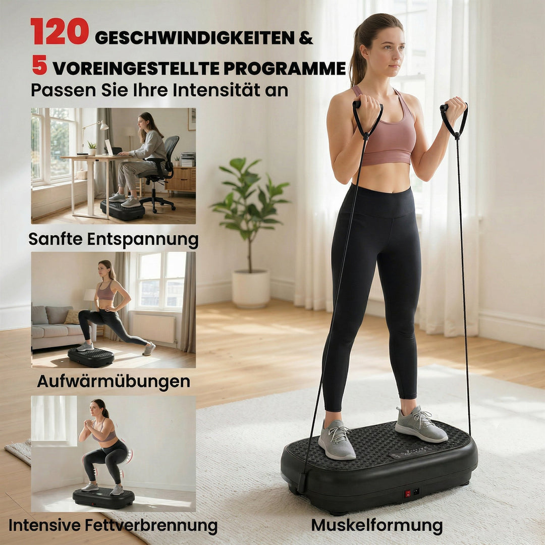 Vibrationsplade med 120 intensitetsniveauer, 5 forudindstillede programmer, fjernbetjening, LED-display til muskelopbygning, sort