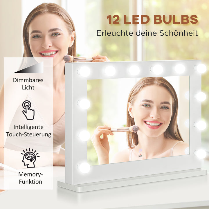 Hollywood-spejl med belysning, touch-betjening, hukommelsesfunktion, 12 dæmpbare LED-lamper, hvid, 80 x 60 cm