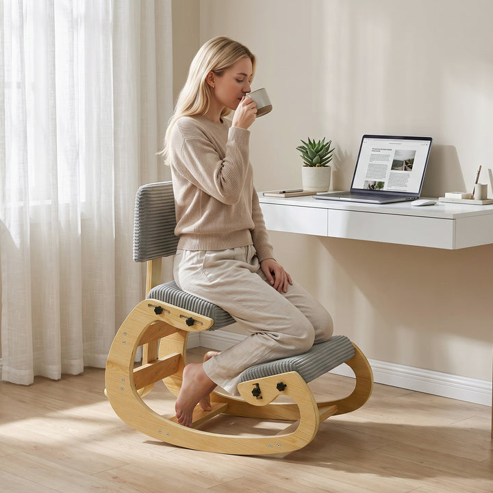 Ergonomisk knælestol med ryglæn, corduroy-look, grå