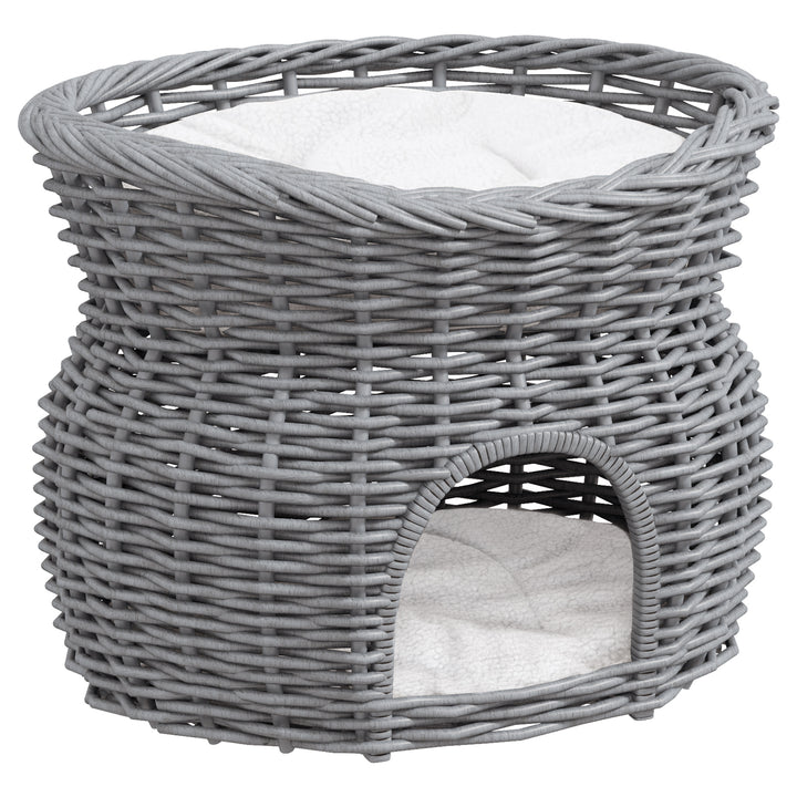 Rattan flettet kattekurv kattehus med 2 bløde puder kattekurv kæledyrsseng lavet af vandhyacint til stue grå 56 x 37 x 40 cm
