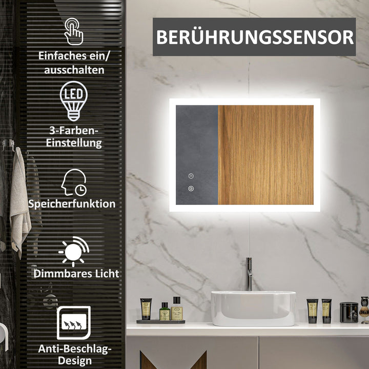 Kleankin led badeværelsesspejl, baggrundsbelyst, touchfunktion, hukommelsesfunktion, dugfri, 70 x 50 cm
