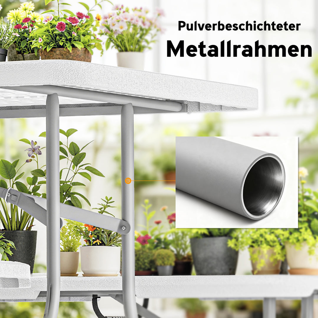 3-delt picnicbordsæt, 1 bord, 2 bænke, foldbart campingbord med bærehåndtag, plastik, metal, hvid