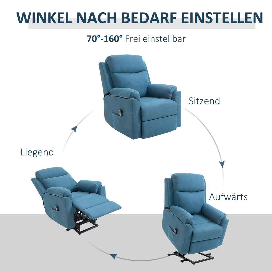 Elektrisk stol med ståhjælp til seniorer, afslapningsstol, tv-stol med sovefunktion og ståhjælp, tv-stol, lænefunktion, linned touch, blå, 83 x 89 x 102 cm