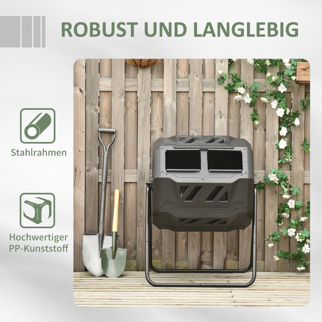 Kompostbeholder med 2 rum, 160 L kapacitet, drejelig, 71 cm x 65 cm x 96 cm, grøn + sort
