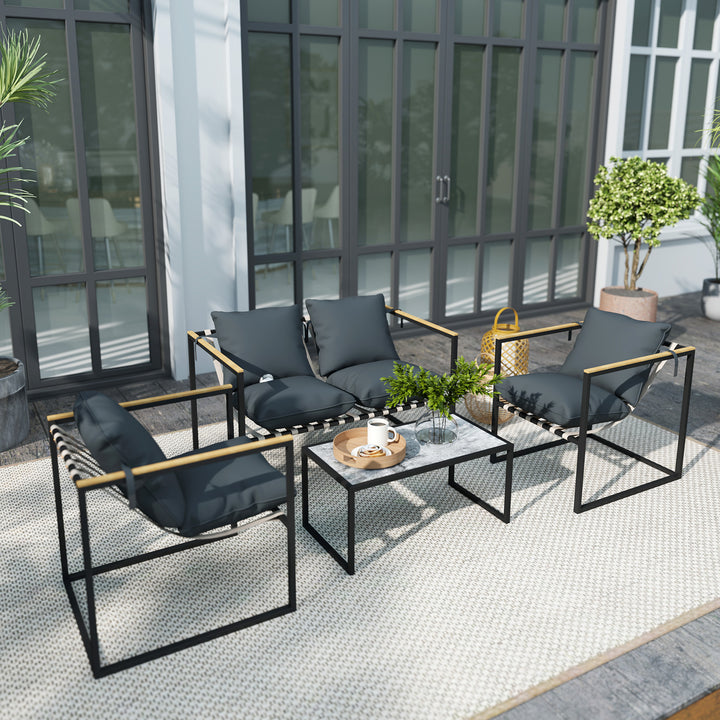 4-Delt havemøbelsæt, udendørsmøbelsæt, 2 lænestole, 2-personers sofa, 1 bord, polstret, stål, polyester, grå