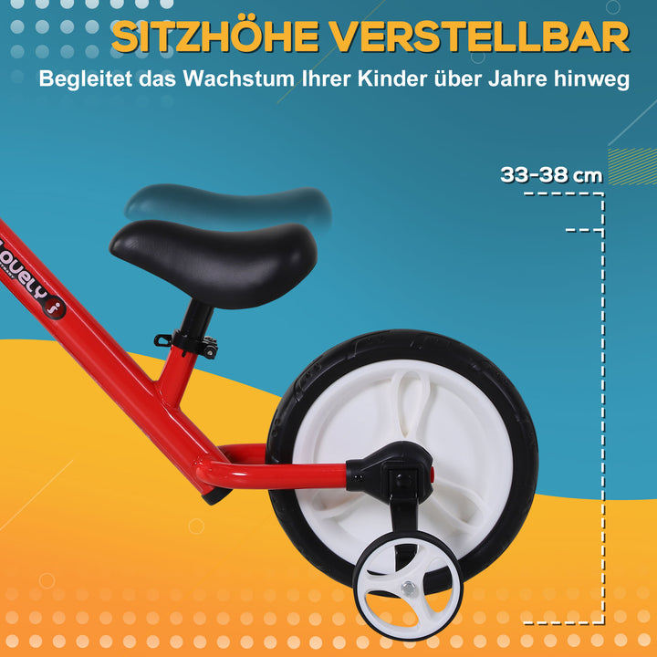 Børnebalancecykel, lærecykel, børnecykel, 2-i-1, børnecykel med støttehjul og pedaler, 2-5 år, sædehøjdejusterbar, pp, rød, 85 x b36 x h54 cm