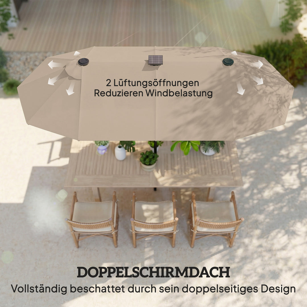 Dobbelt parasol 292 x 150 cm, parasol med LED-belysning, håndsving, vippefunktion, khaki