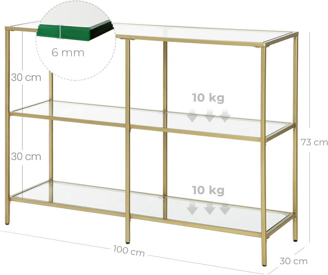 Konsolbord med 3 hylder, hærdet glas, 100x30x73 cm, guldfarvet